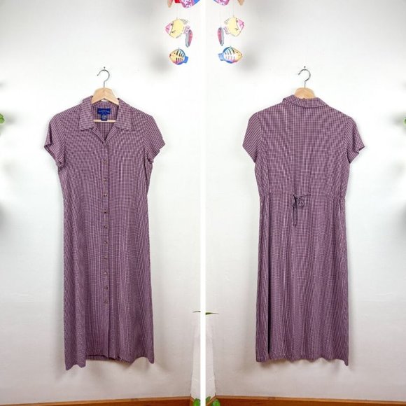Vintage Dresses & Skirts - 90s Checkered Short Sleeve Button Down Long Dress